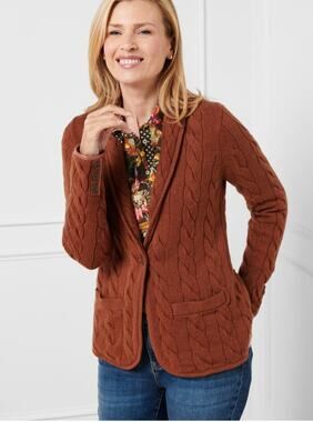 Talbots Ribbed Shawl Collar Sweater Blazer Sz XL Burnt‎ Umber Brown Cable Knit